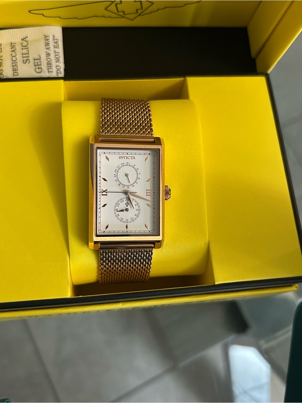 Invicta Rose Gold Mesh Bracelet Rectangular Watch with White Dial